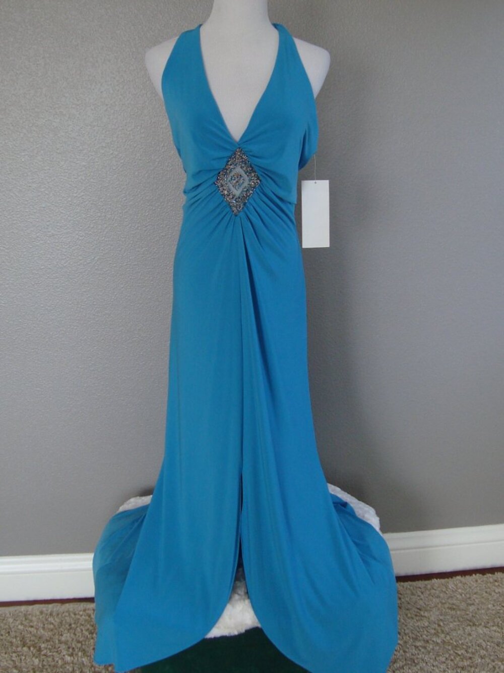 F.I.ES.T.A Long Gown Halter Dress Beaded Rhinestones Turquoise Blue sz L NWT